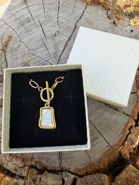 Gold-Tone Mother-of-Pearl Pendant Necklace with Toggle Chain - Women’s Jewelry